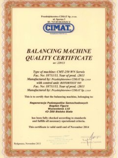 Certyficate - balancing machine quality